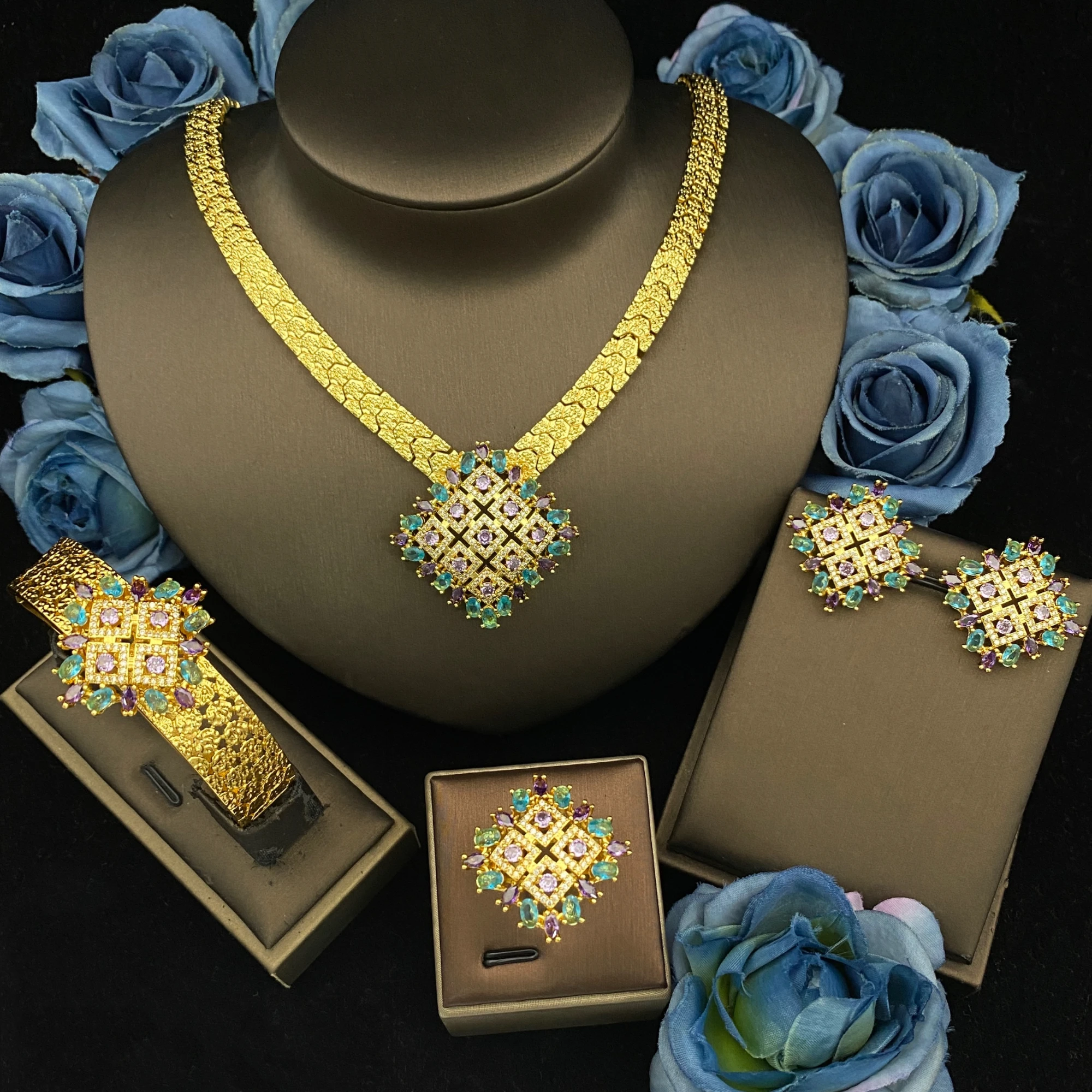 

JRH комплект из 4 предметов, ожерелье, серьги, браслет, кольцо, позолоченное микроинкрустация, ремесло, незаменимое для юбилеев, женские роскошные ювелирные изделия