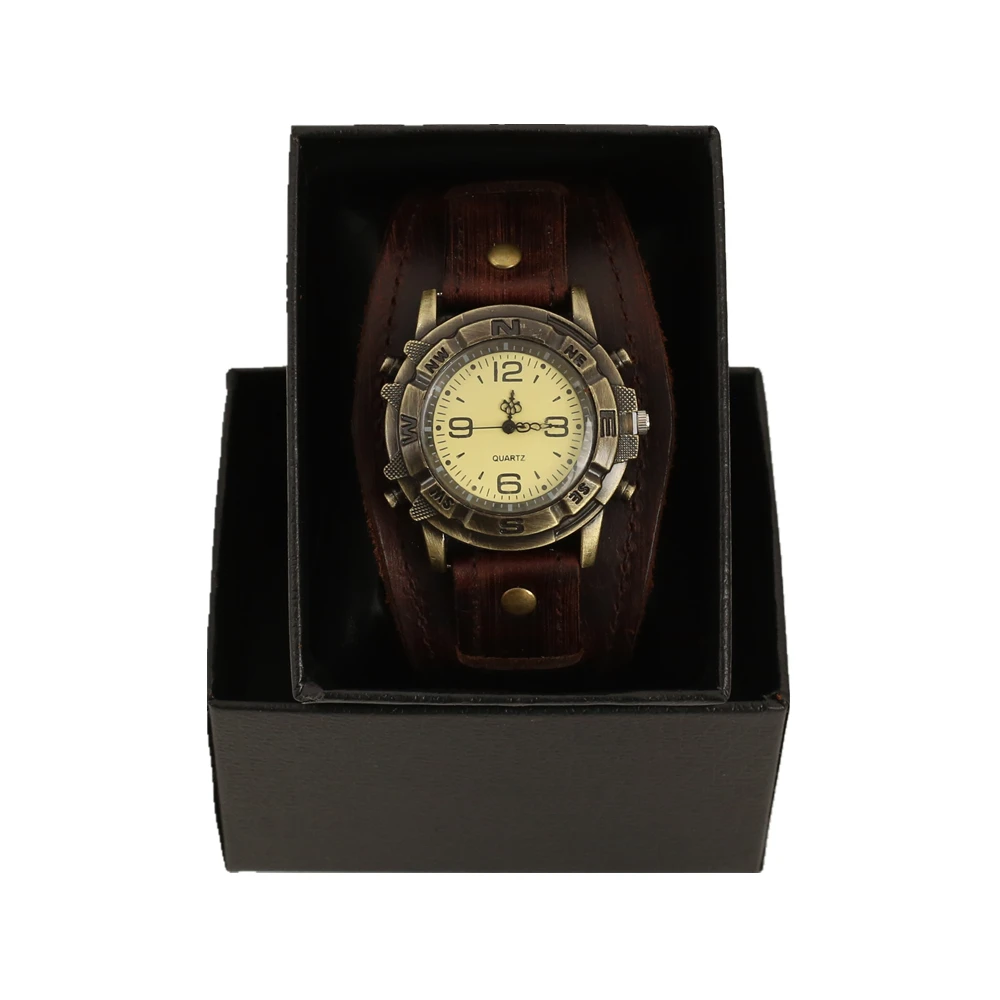 

WESTBULL Винтаж Панк Коричневый Черный Натуральный Кожаный Ремешок С Указателем Кварцевые Часы С Коробкой