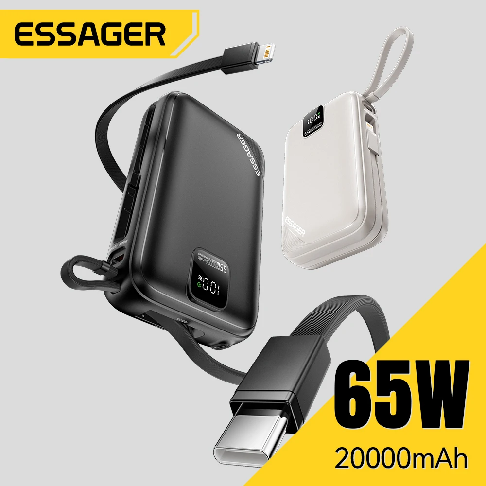 

Essager Power Bank 20000 мАч PD 65 Вт с быстрой зарядкой и цифровым дисплеем Портативный PowerBank с 2 кабелями для ноутбука iPhone 16 MacBook