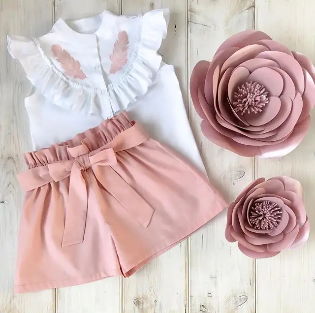 

3PCS Baby Girl Summer Outfits Sets Feather Print Ruffles Button Down Tank Top Pink Bowknot Waist Belt Shorts