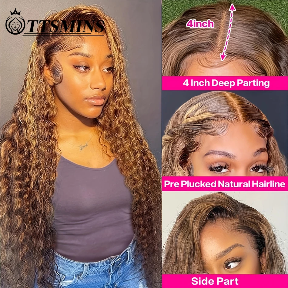 Perruque Lace Closure Wig sans colle bouclée, cheveux naturels, Deep Wave, 5x5, 13x4, 4/27, blond miel 180%, pour femmes