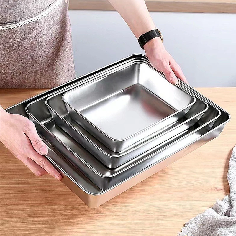 Thicken Deepen Stainless Steel Baking Tray Nonstick Bakeware Cake Bread Pans Food Fruits Storage Trays Plates Kitchen Utensils