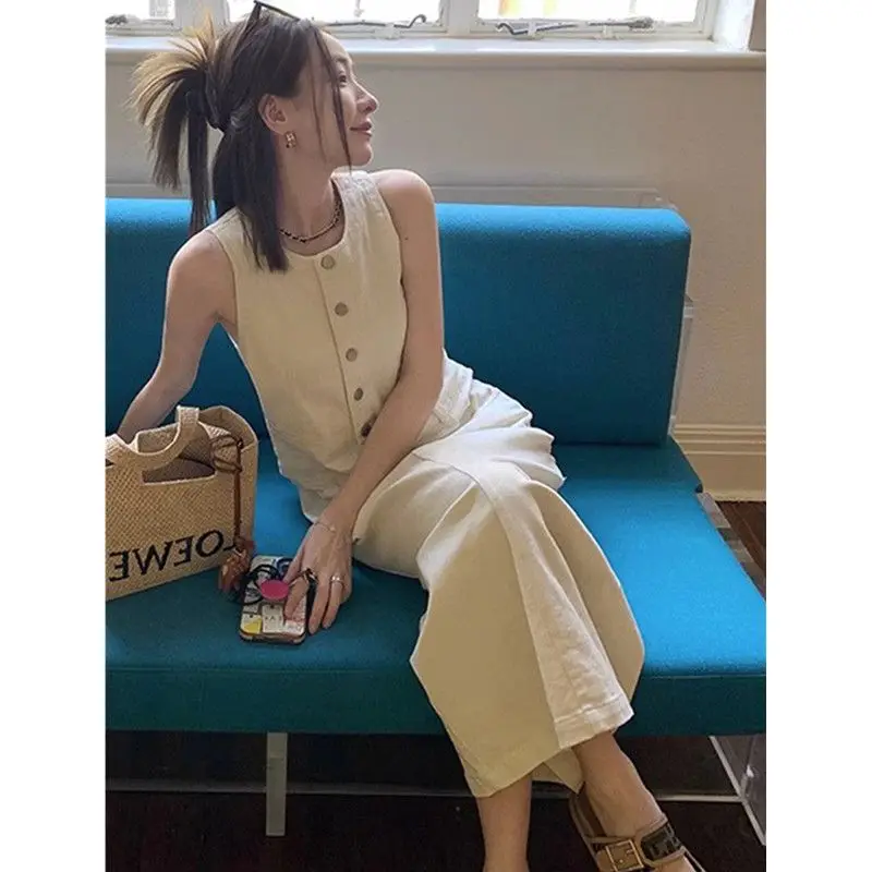 Sans manches 2025 mode gilets hauts Robe longue trajet col en V solide chemises décontractées Femininas femmes élégant boutonné longue Robe Wh1