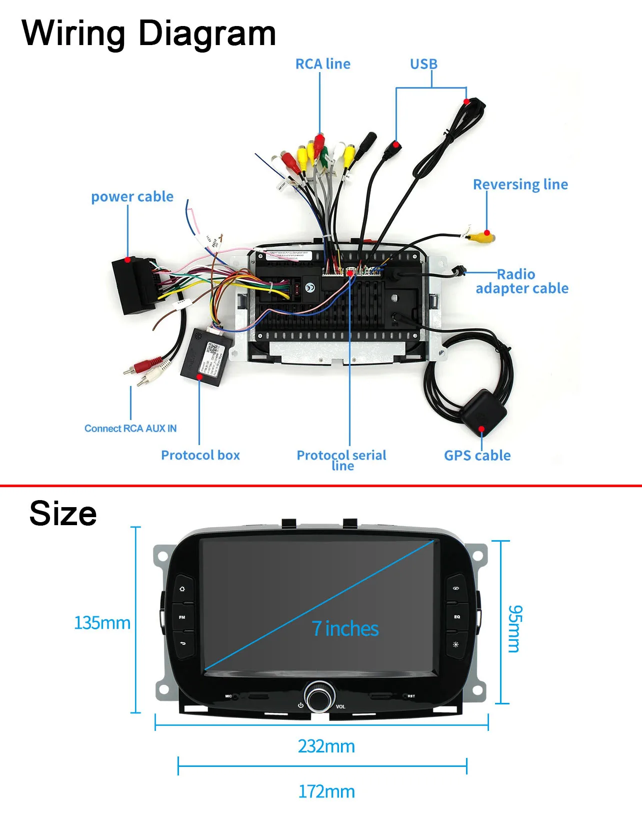 Android 7″ radio car with wireless Carpaly GPS Navigation for Fiat 500 312 2013/12-2023/12 68228931AA 68146206AA