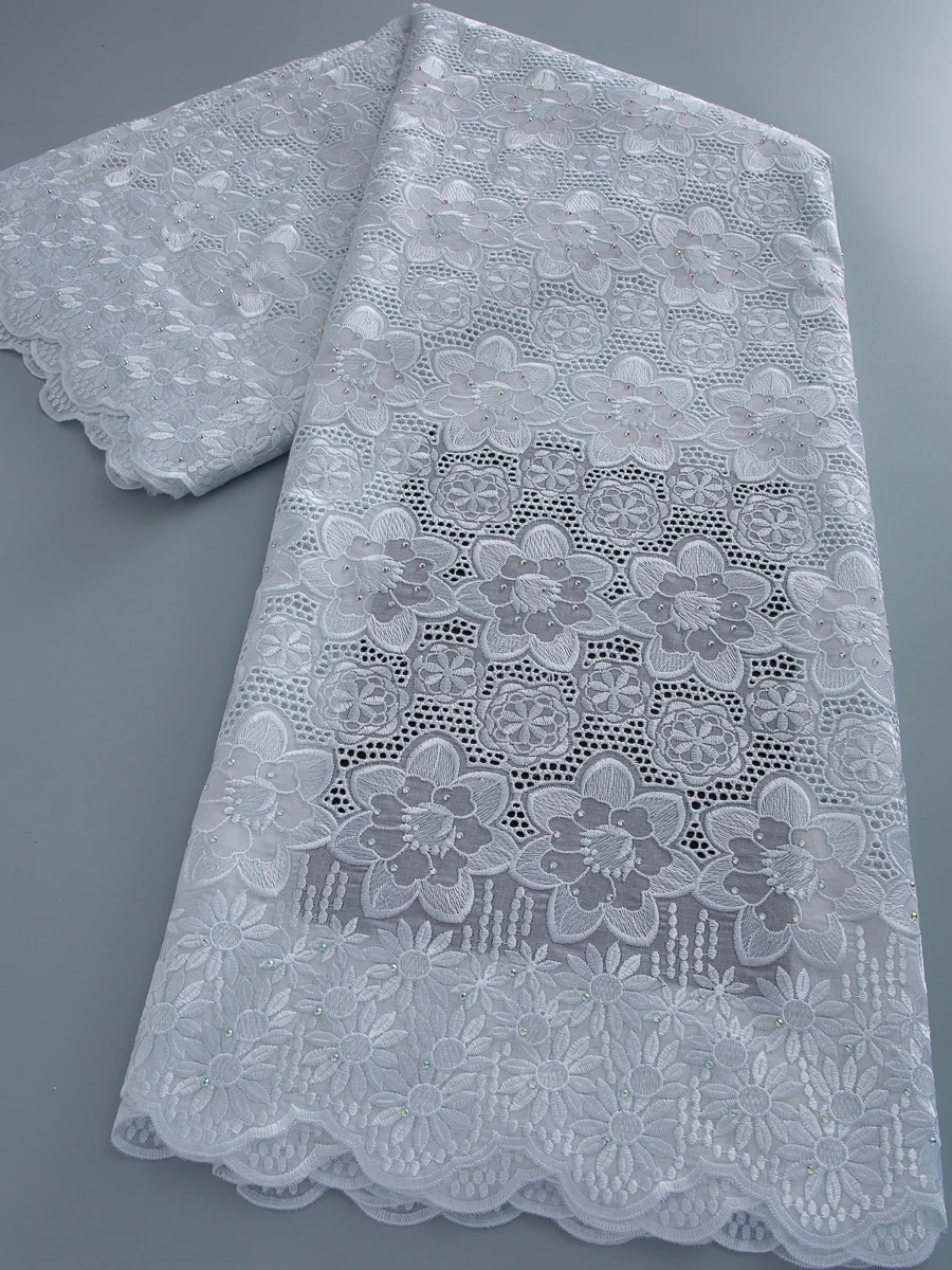 2026 High Quality African Nigerian Cotton Lace Fabric with Stone Wedding Party Dress Sequins for Sewing Embroidery 5Yards