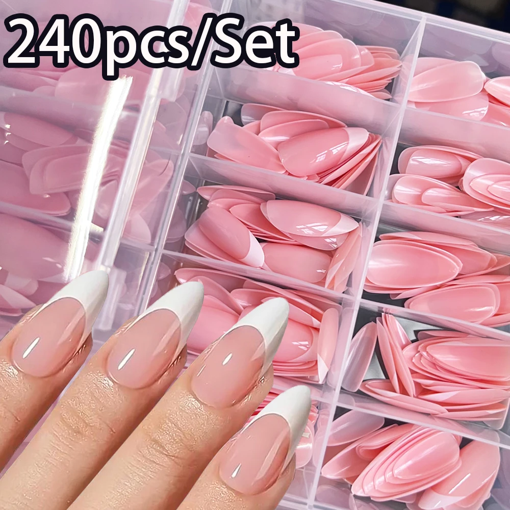 

240/120 шт. розовые французские миндалевидные накладные ногти с полным покрытием, накладные ногти для женщин, французский пресс на ногтях, свадебные/днежные многоразовые