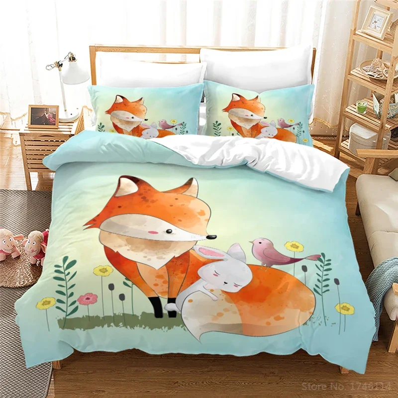 3D Animal Fox Print Duvet Cover Set Baby Children Kids Cute Cartoon Bedding Set Twin Full Queen King Size for Home Bedroom Gift