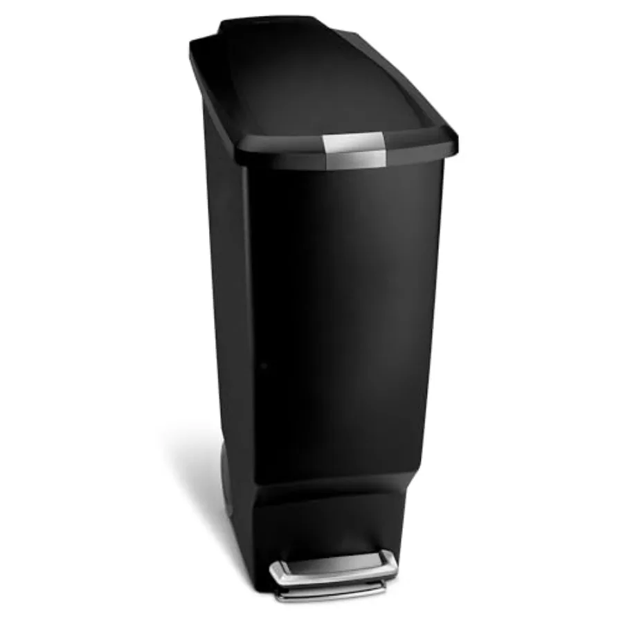 

40 Liter/ 10.6 Gallon Slim Kitchen Step Trash Can With Secure Slide Lock Black Plastic