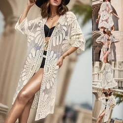 Vestido Floral de encaje para mujer, caftán holgado, Kimono bohemio, ropa para cubrir Bikini de playa