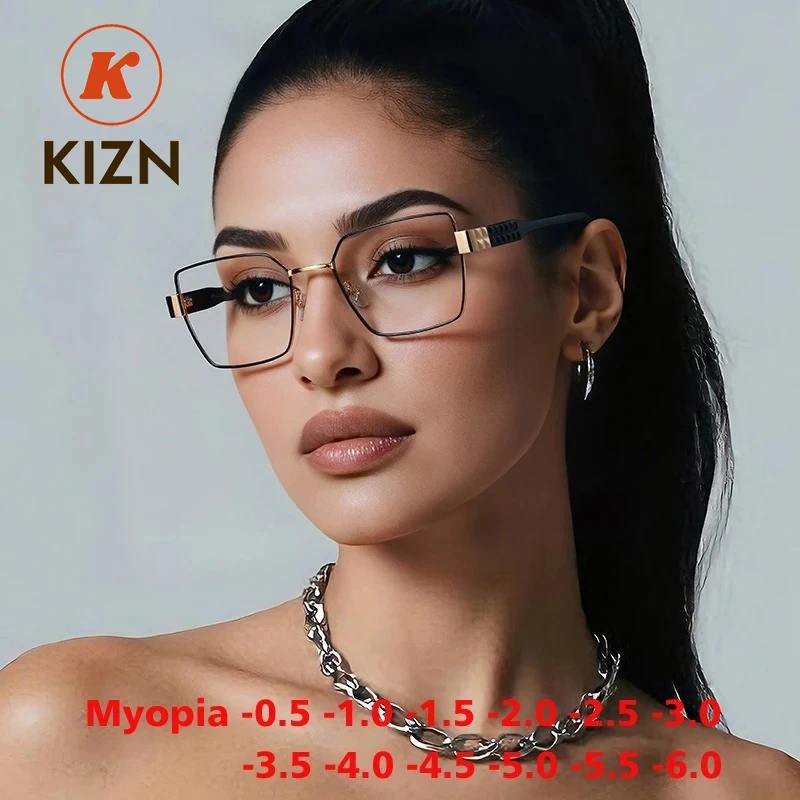 

KIZN Women's Anti-blue Light Myopia Computer Glasses Big Frames Fashion Optics Metal Prescription Eyewear -0.50 to -10