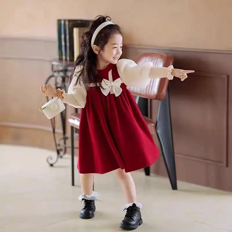 

90-130cm Baby Girl Knitted Dress Spring and Autumn New Style Children's Long Sleeve Cute Sweet Red Dress