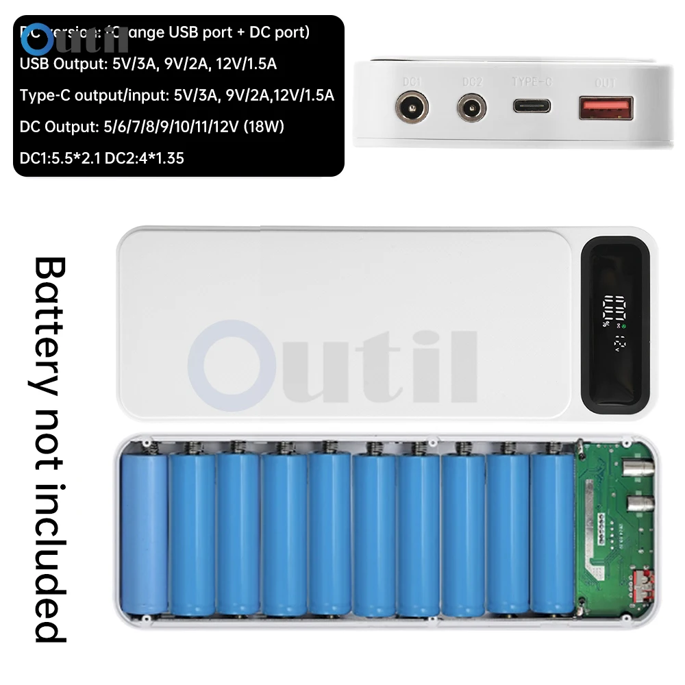 علبة شحن طاقة متنقلة قابلة للتعديل DC5-12V 8/10 قطعة 18650 بطارية قابلة للإزالة خالية من اللحام لأجهزة DC5/6/7/8/9/10/11/12 فولت