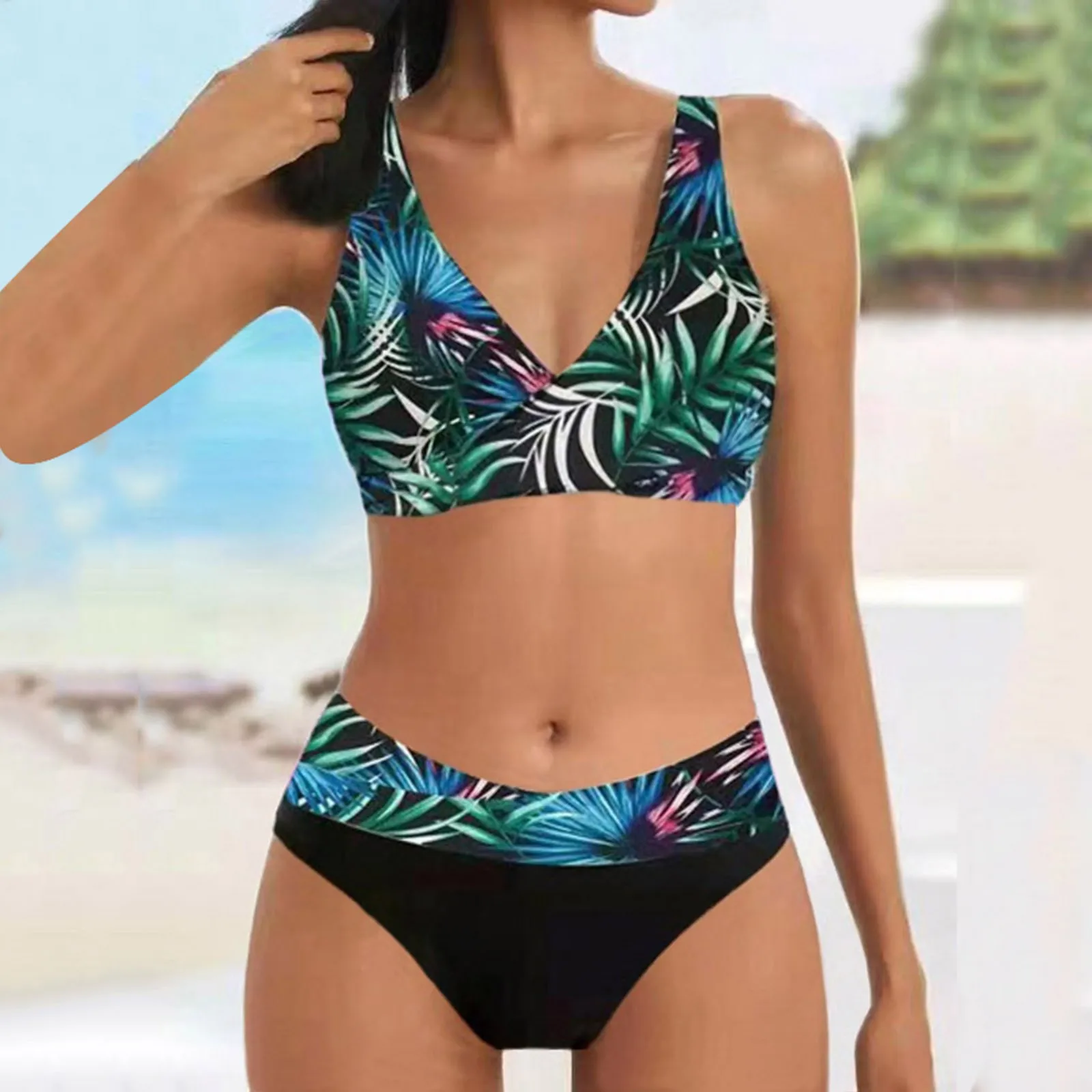 

Push Up Bikini Swimsuit Women Leaves Printed Swimwear Female Banthing Suit Beachwear Brazilian High Waist Bikinis Woman Tankini