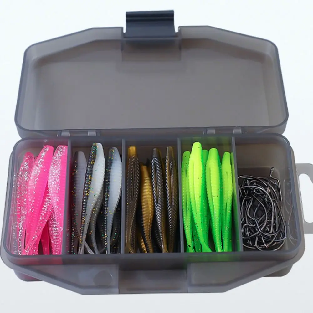 61pcs Crank Hooks Fishing Soft Bait Set with Storage Box Fork Tail Bionic Fish Bait Set Waterproof Laser Reflection