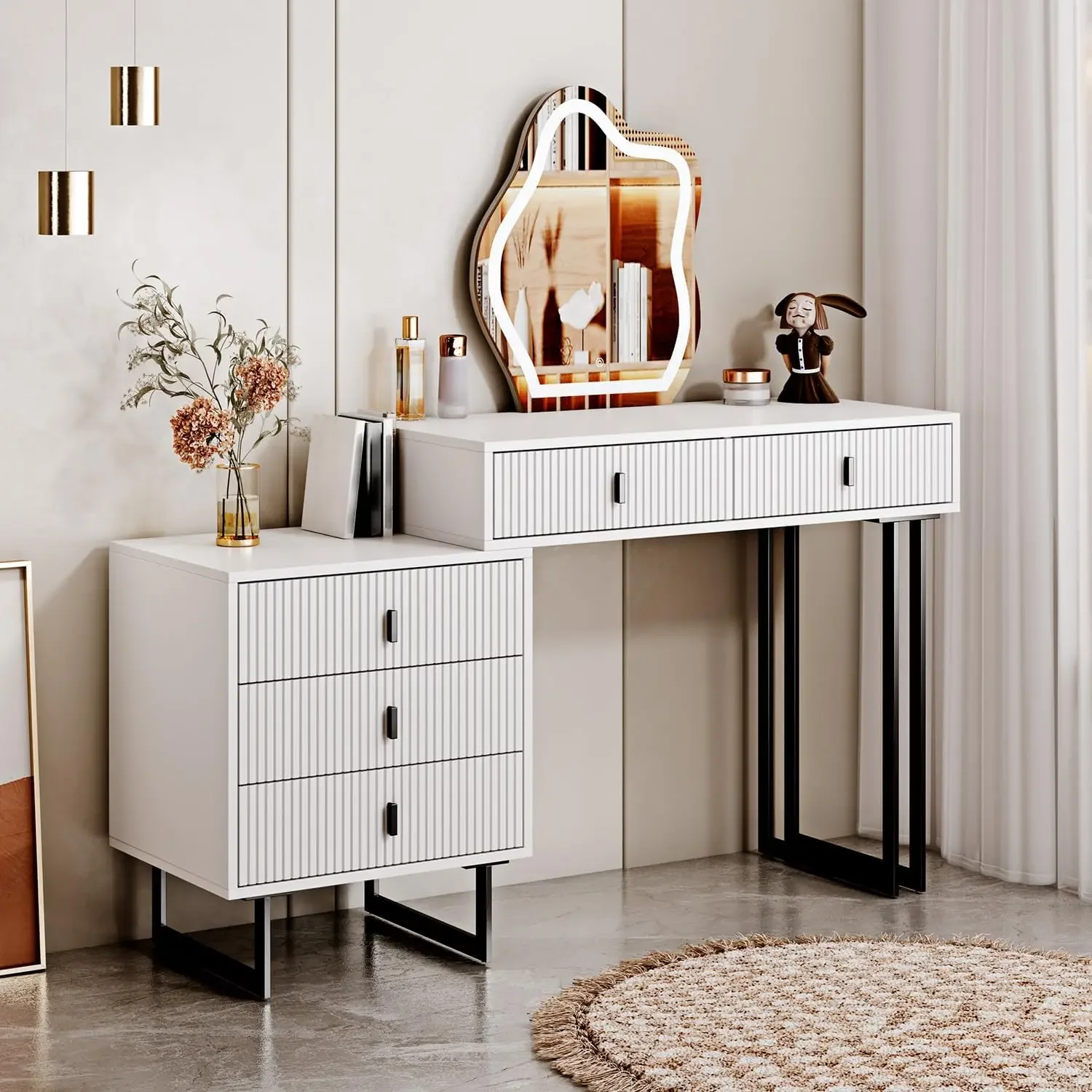 

Modern Vanity Table Retractable Makeup Dressing Table with Nightstand with Lighted Mirror and 5 Spacious Drawers