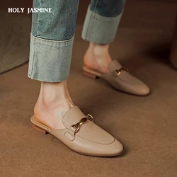 Women Pumps Office Casual Mules Round Toe Low Heels Slippers Genuine Leather Fashion Metal Buckle Shoes Woman 2023 Spring Summer