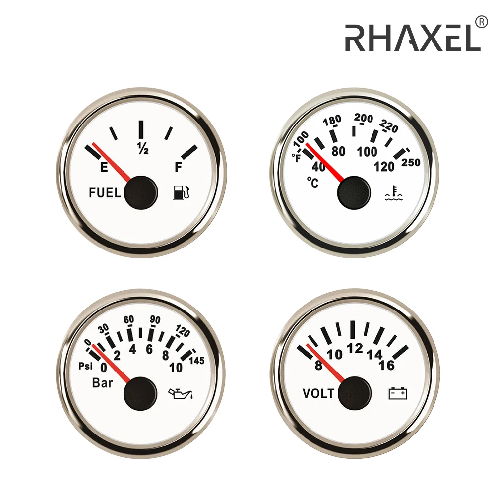 RHAXEL 52mm Fuel Level 0-190ohm 240-33ohm Water Temperature Oil Pressure 0-10Bar Voltmeter 12V with Red Backlight for Auto RV