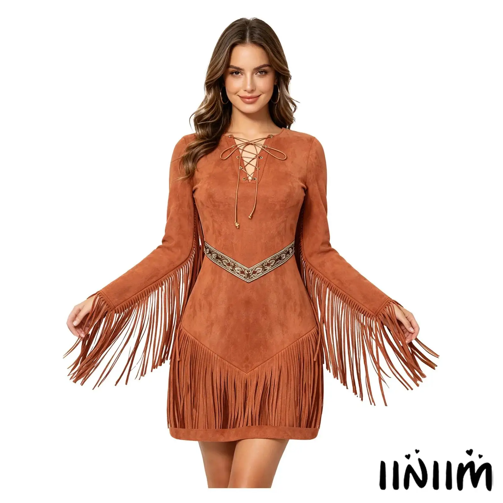 

Women Caveman Tribal Dress Tassel Long Sleeve Lace Up Placket Retro Brocade Fringe for Halloween Cowwomen Costume Party