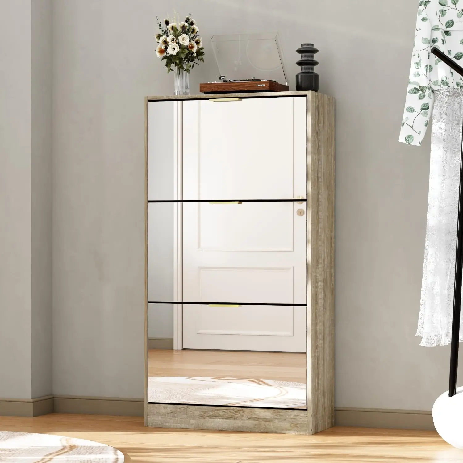 Shoe Storage Cabinet 3 Flip Drawers & Mirror Adjustable Shelves Entryway Hallway Oak, Customized