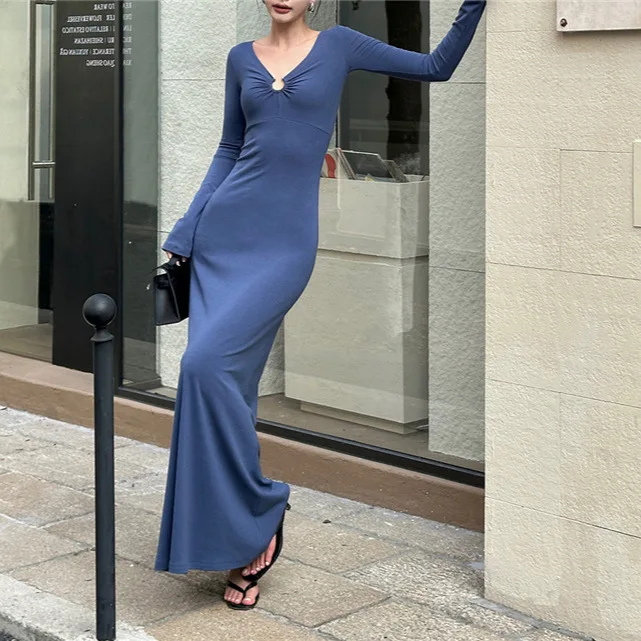 

7890 Сексуальное длинное платье трапециевидной формы с v-образным вырезом на пуговицах и рюшами на талии во французском стиле с расклешенными рукавами