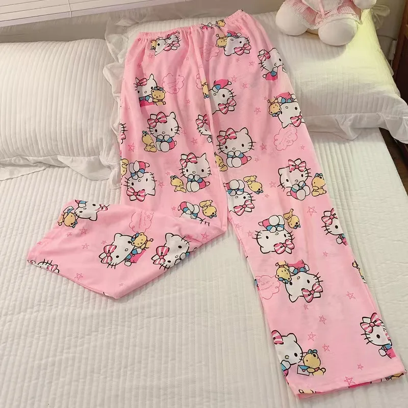 Sanrio Hello Kitty Cute Pink Casual Pants Cartoon Spring Summer New Loose Straight Trousers Y2k Women Cotton Fashion Home Pants