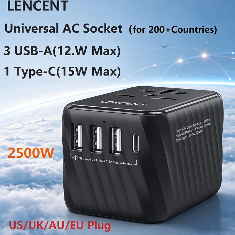 LENCENT Universal Travel Adapter with 3 USB Ports Type C Fast Charging All-in-one Global Adapter EU/UK/USA/AUS Plug for Travel
