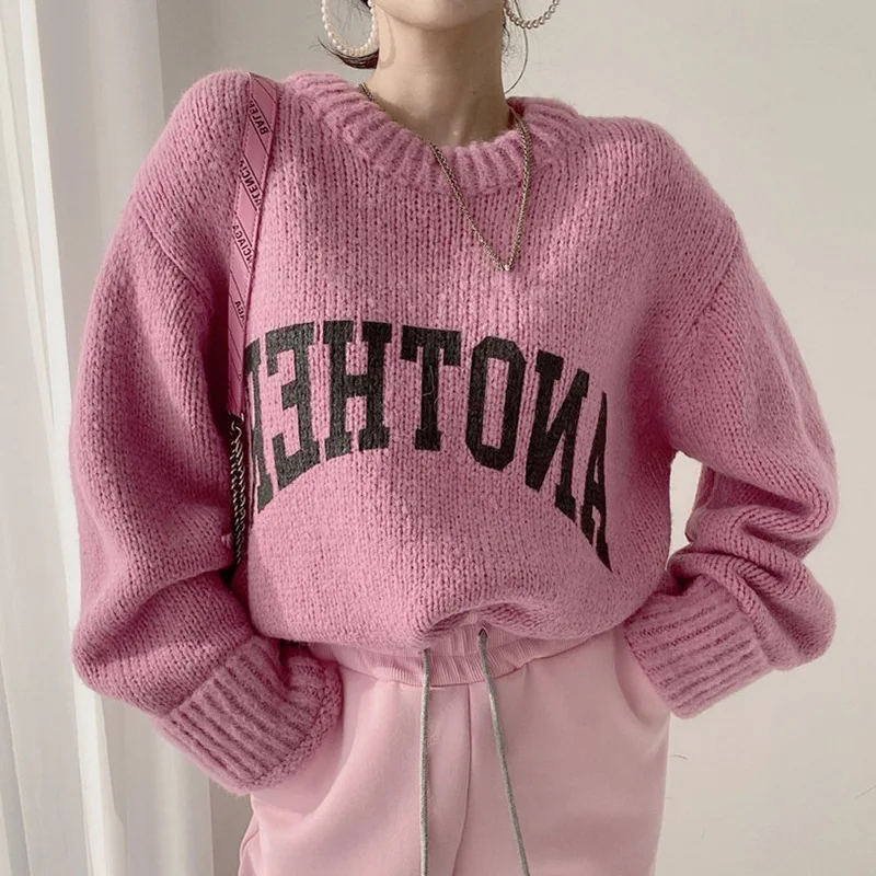 Korean Fashion Candy Color Sweater Pullovers For Women Autumn and Winter Lazy Thicken Sweater Knitted O Neck Letter Knitwear Y2K