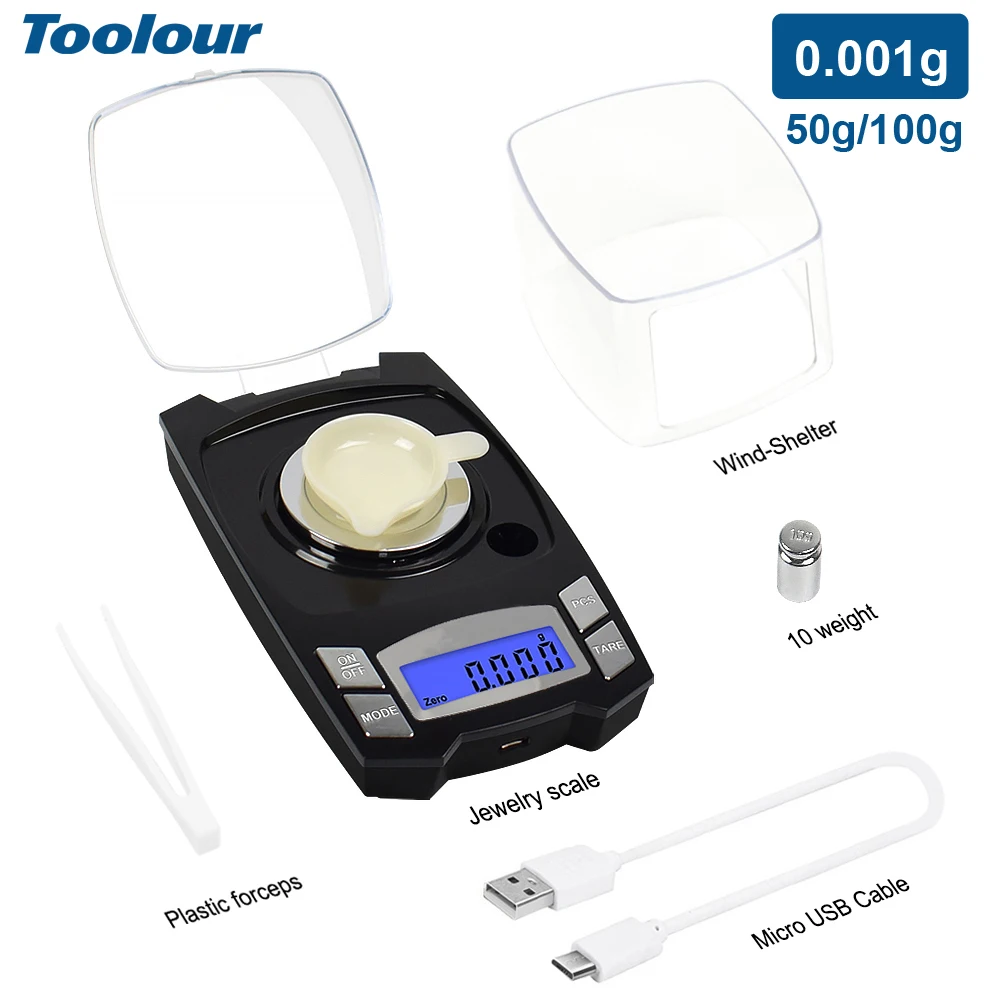 

Весы Toolour Milligram 0,001 г, цифровые ювелирные весы, зарядка через USB, микро грамм, 50 г/100 г для порошка, лекарств, золота, драгоценных камней