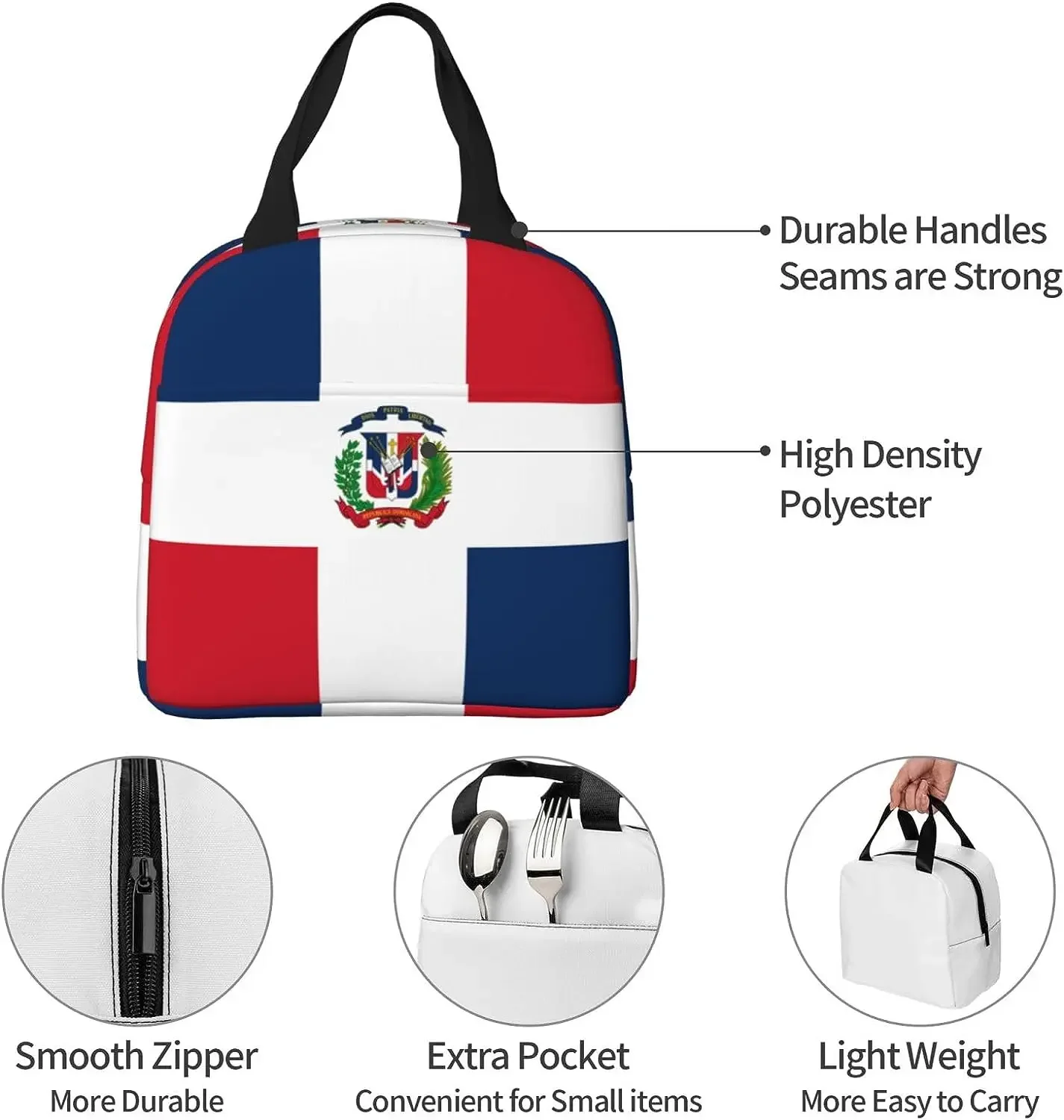 Dominican Republic Flag Lunch Bags for Women Men Portable Reusable Insulated Lunch Bag with Front Pocket Cooler Bag for Work