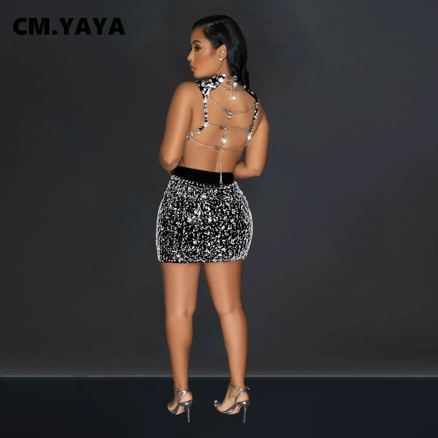 CM.YAYA Diamonds Hot Rhinestones Women's Set Bodycon Midi Skirts Set and Hollow Out Back Crop Top Two 2 Piece Set Dress Outfits