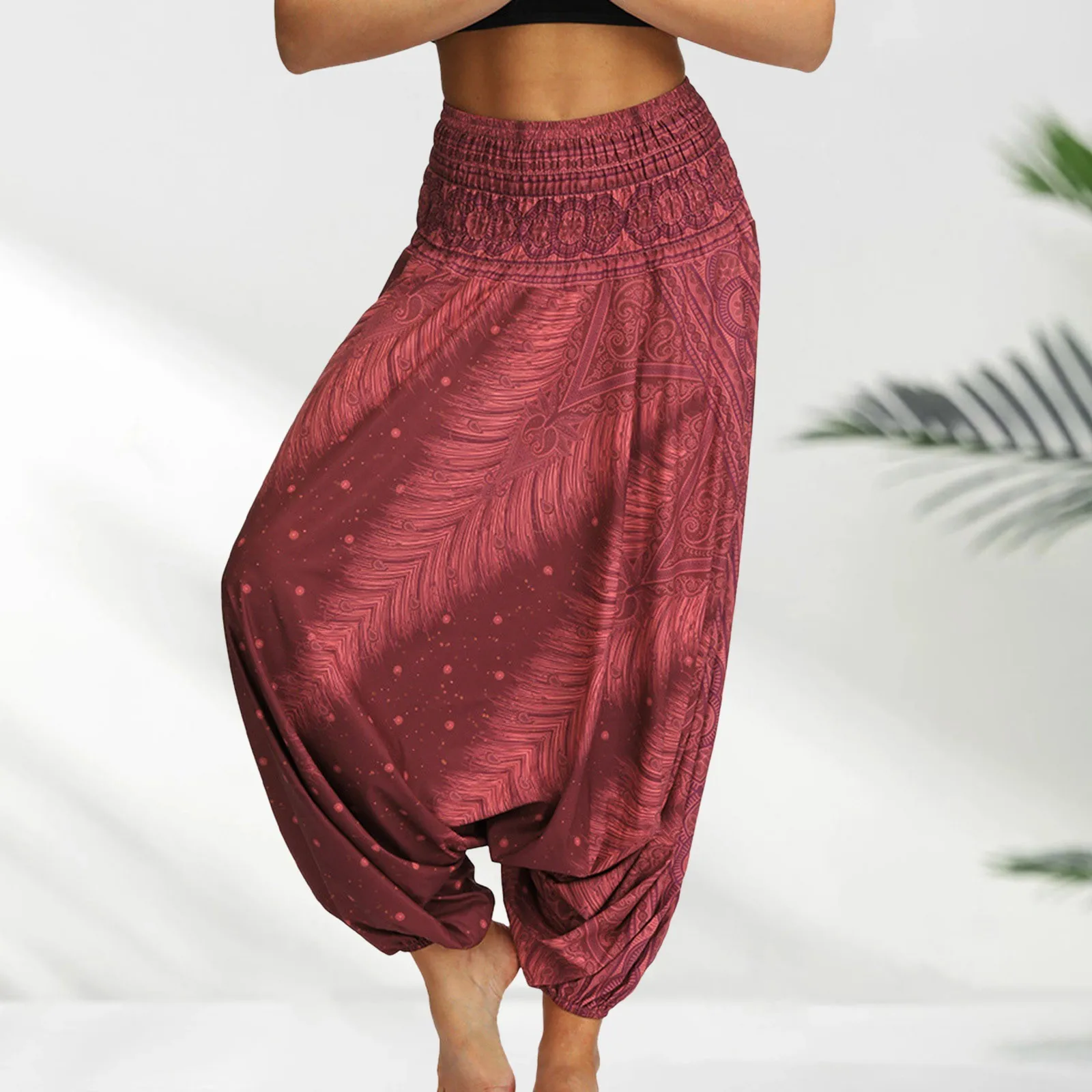 2024 Summer New Women\'S Bohemian Yoga Pants Hippy Harem Smocked Waist Trousers Flowy Loose Beach Pants Women Rayon Pantalones