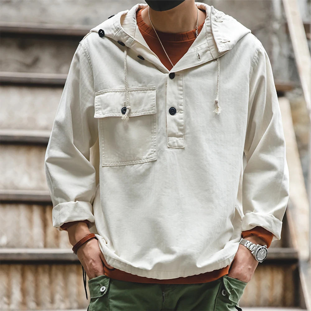 Maden Beige Deckwear pria, jaket Pullover luar ruangan warna Solid Rush Sweatshirt Hoodie Streetwear pakaian pria longgar Fit