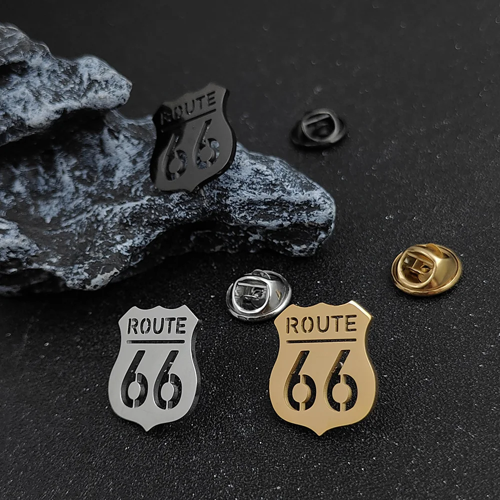 316L Stainless Steel Black Silver Gold Color Fashion Male Brooch Route 66 for Men High Quality Fashion Brooch Jewelry