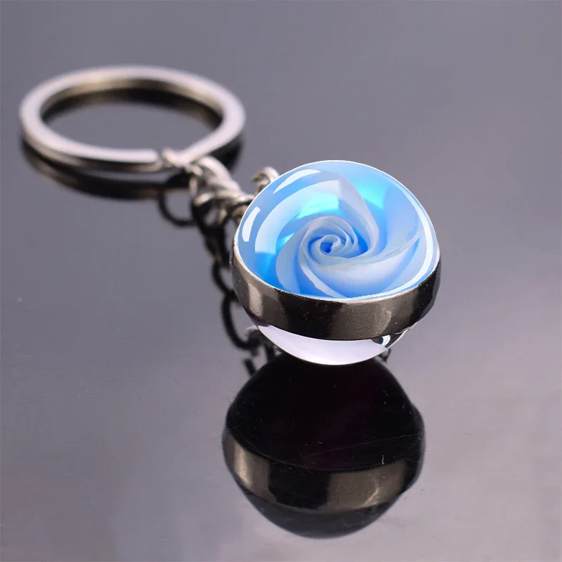 Flower Keyring Rose Lotus Cherry Blossoms Sunflower Keychains Glass Ball Pendant Jewelry for Women Cute Key Chain Gift