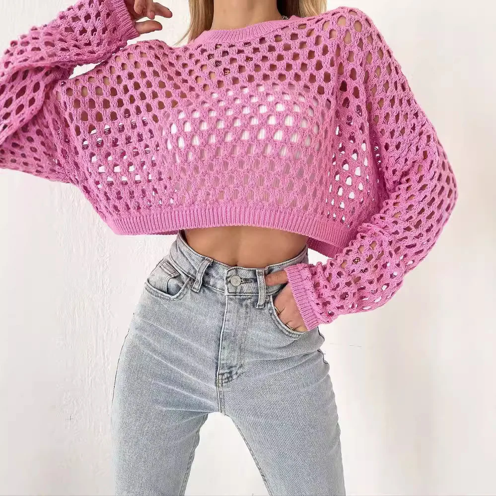 Loose Knitted Sweater Hollow out Bell Sleeve round Neck Women's Spring Summer New Style Cleanfit Citywalk Cotton Long Sleeve view 4
