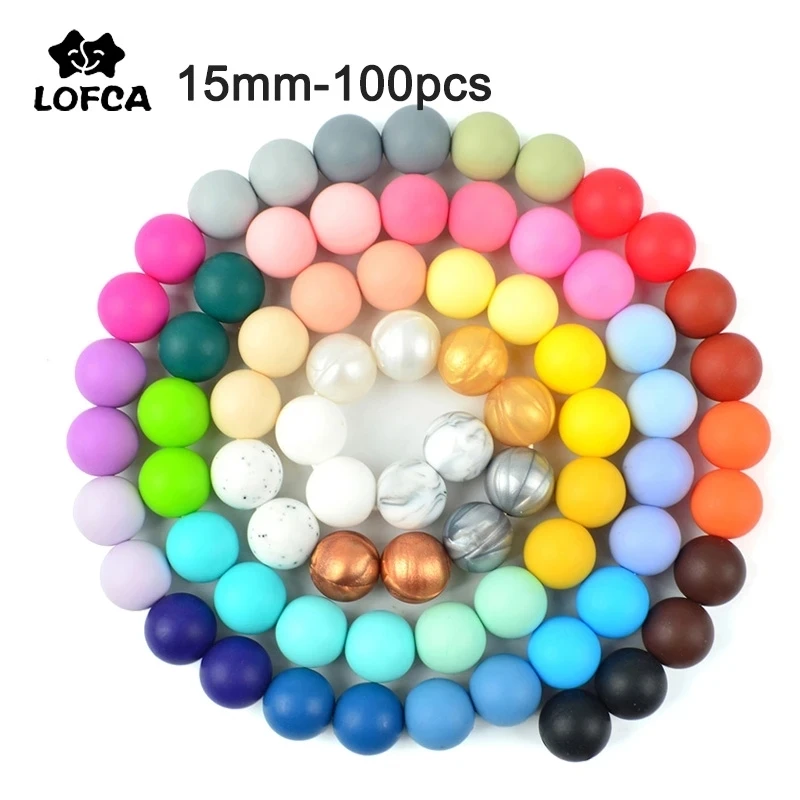 LOFCA 15mm 100pcs silicone Beads food grade Round Teether Beads Baby Chewable Teething Beads Pacifier Pendant Making Accessories