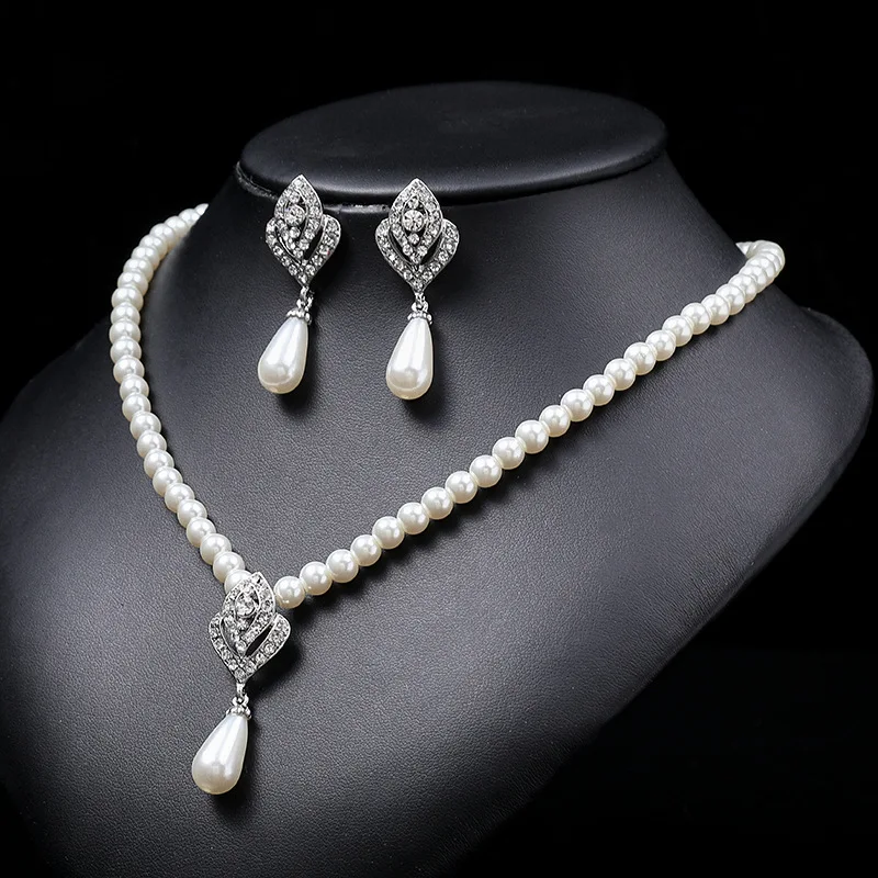 Crystal Fashion Imitation Pearl Wedding Necklace Earring Bridal For Women Elegant Rhinestone Jewelry Sets Party