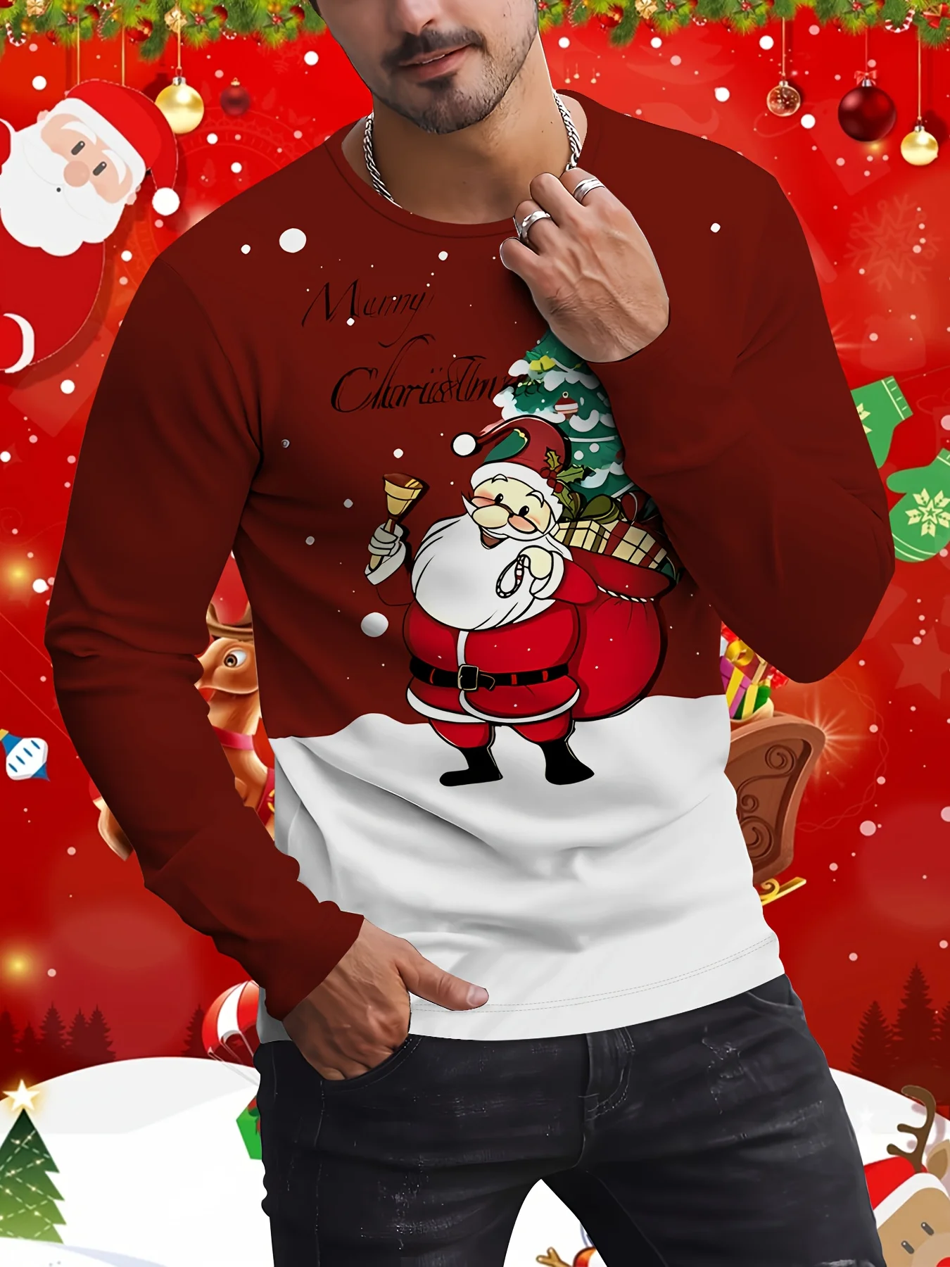 

Fashion Christmas Harajuku Men's Long Sleeve T-Shirts Casual O-neck Loose Tops New Year Gift X'mas Clothing Hip Hop Streetwear