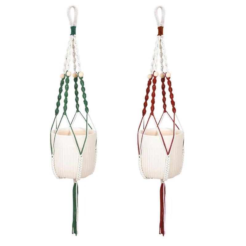 

Indoor Hanging Planter Basket With Wood Beads Handmade 37 Inch Decorative Flower Pot Holder 2Pcs
