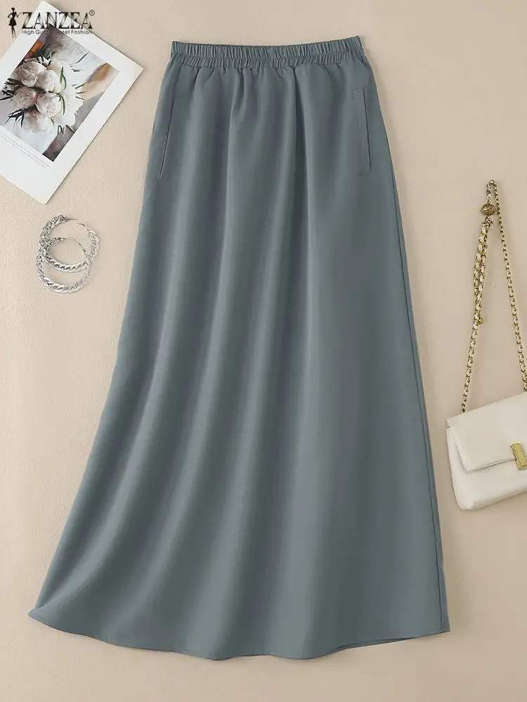 ZANZEA Women Minimalist A-Line Maxi Skirts Spring Fashion Elastic Wasit Solid Color Long Jupes Femme Casual Loose Woman Clothes