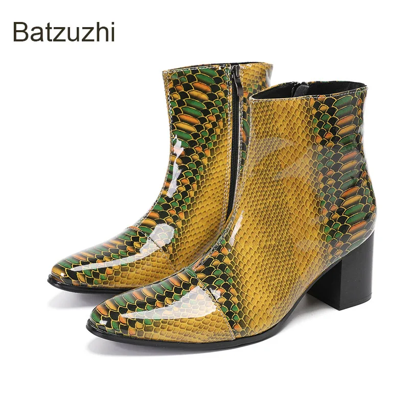 Batzuzhi 7cm High Heels Men's Boots Snake Pattern Gold Leather Boots Fashion Pointed Toe Botas Hombre!Men Party/Wedding