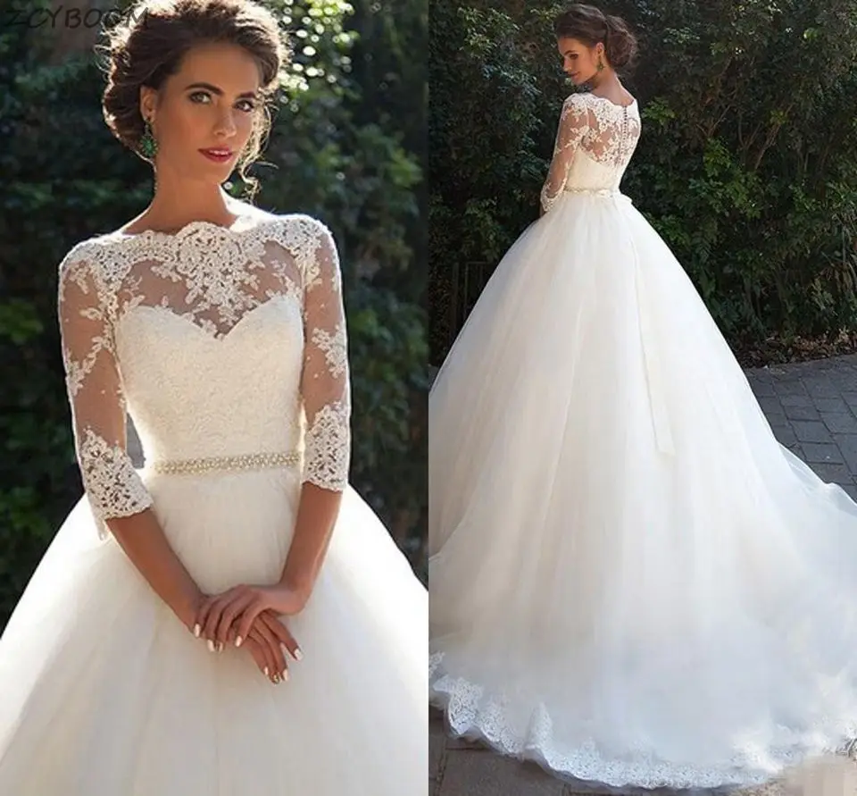 Customized Three Quarter Sleeves White/Ivory Women Wedding Dresses Bride Dresses Lace Appliques Ball Gown Elegant Wedding Gowns