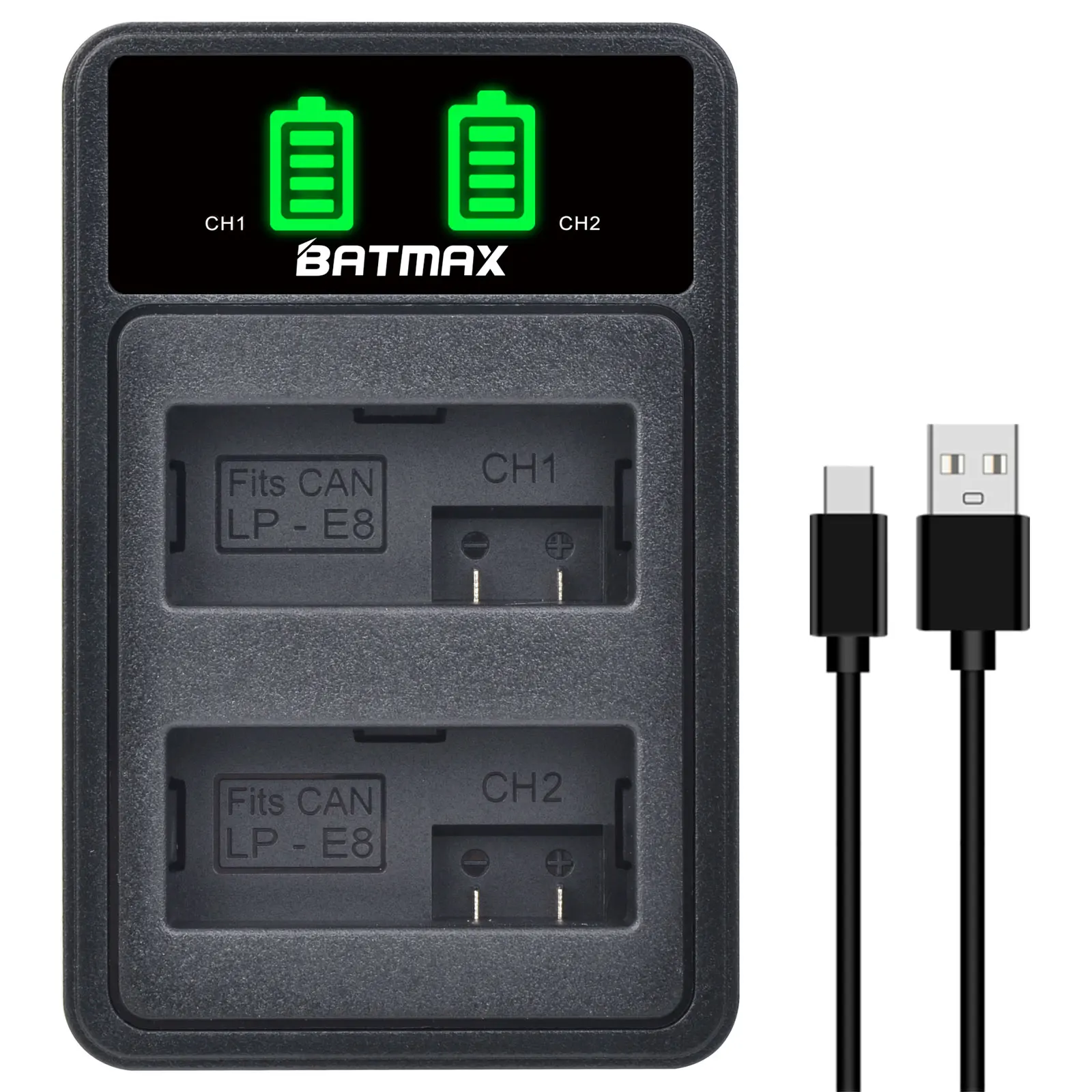 Batería Batmax LPE8 LP-E8 + cargador Dual LED con puerto tipo C para Canon EOS 550D 600D 650D 700D Rebel T2i T3i T4i T5i