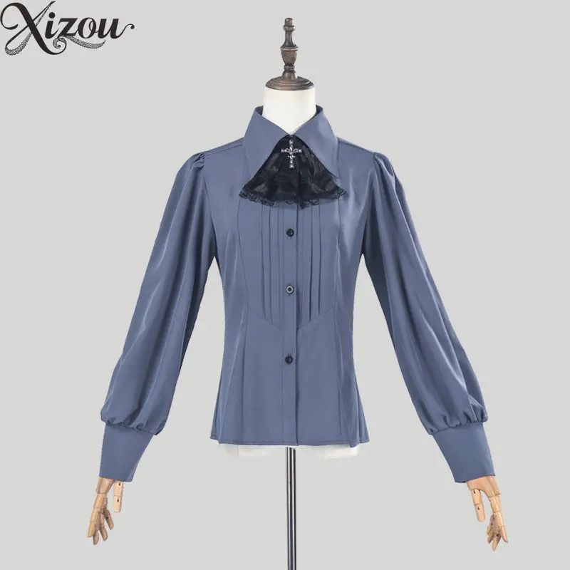 

Gothic Steampunk Medieval Womens Shirt Strech Vintage Ruffled Blue Solid Color Long Sleeve Top Victorian Lolita Cosplay Blouses