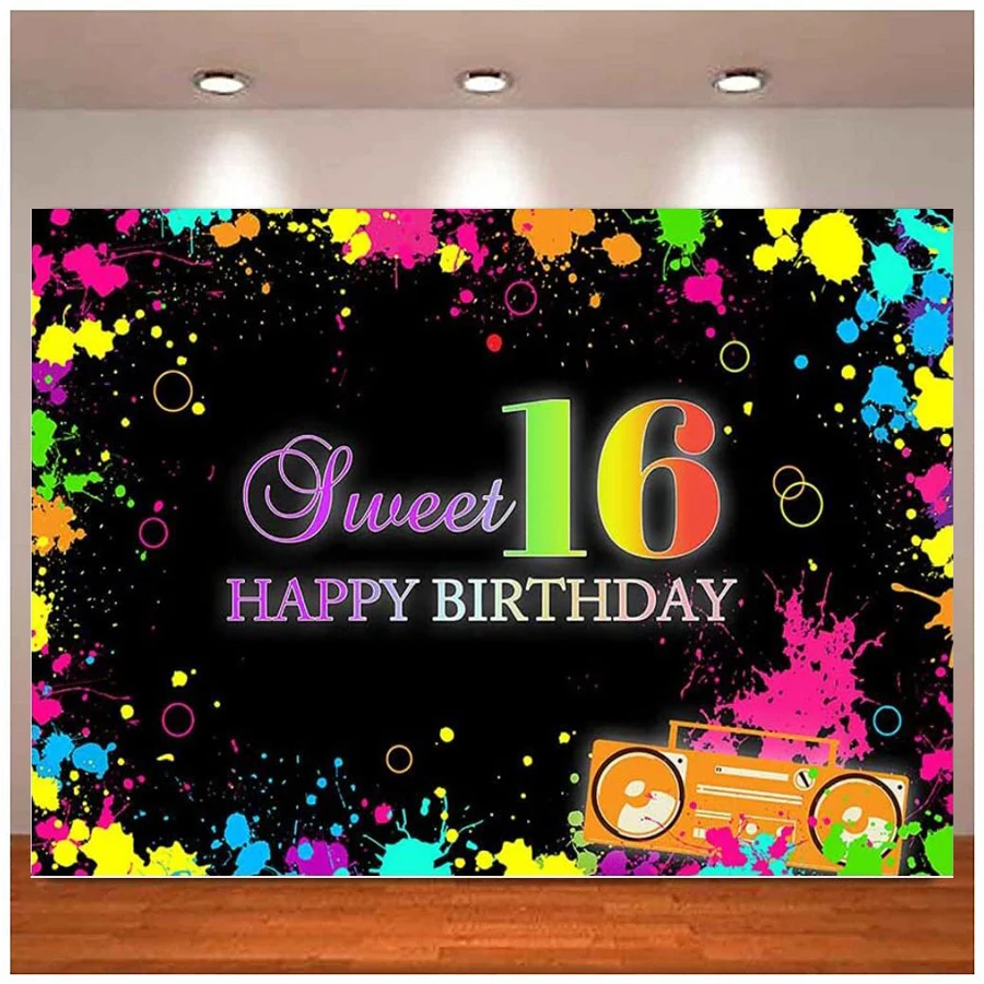 

Photography Backdrop Sweet 16 Happy Birthday Glow Neon Party Decor Let's Glow Splatter Background Blacklight Disco Retro Dance