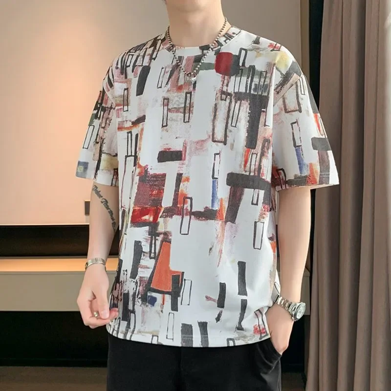 Men's Vintage Abstract Geometric Print Crew Neck Short Sleeve T-shirt Casual Loose Cotton Top