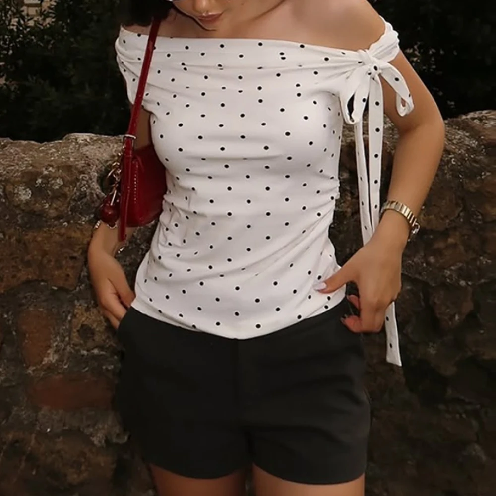 

Polka Dot Asymmetrical Neck Tie Detail Casual Top