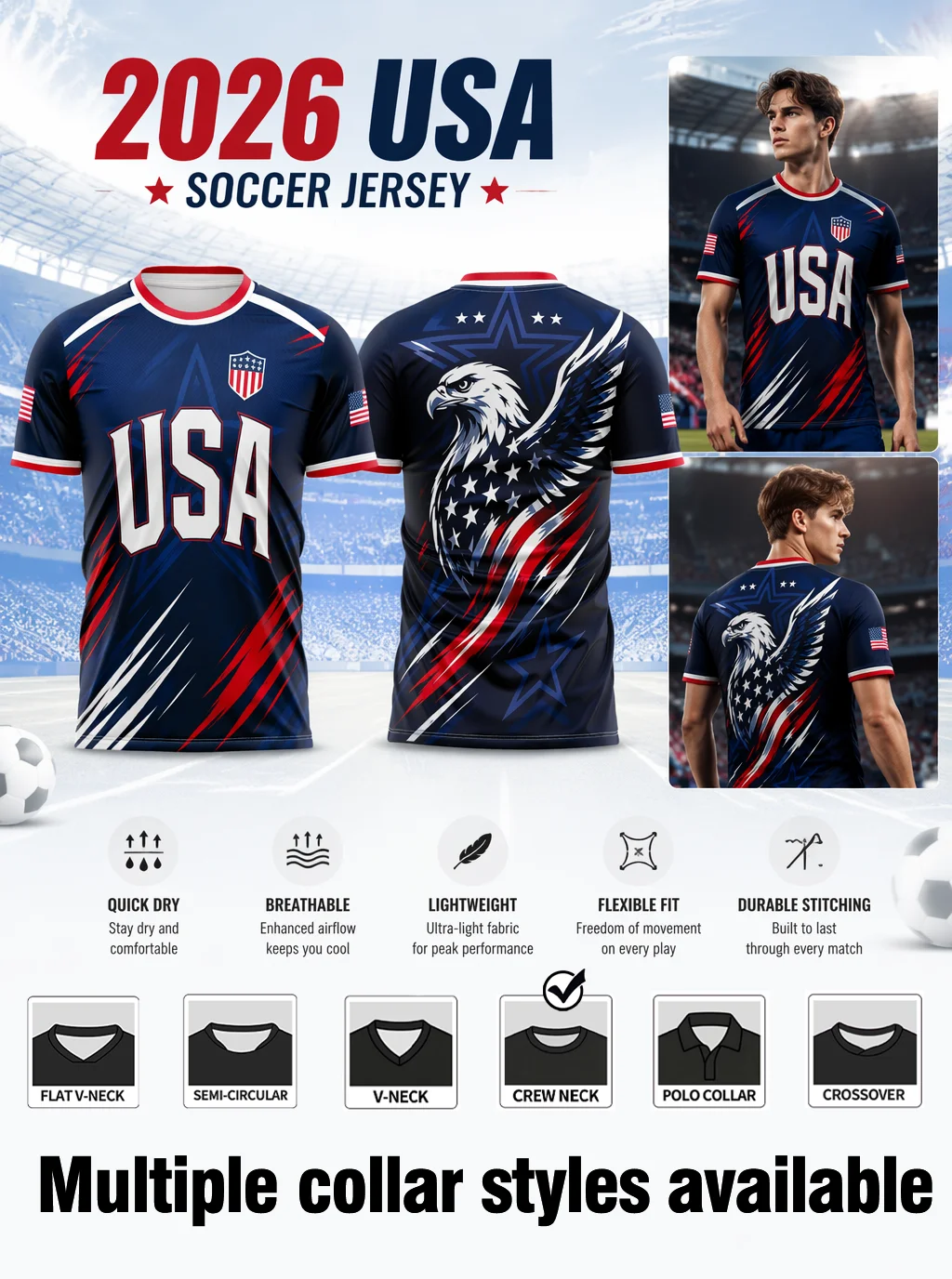 USA themed football jersey,navy base with red‑white scratch stripes,sleeve flag patch,moisture‑wicking fabric,athletic fit