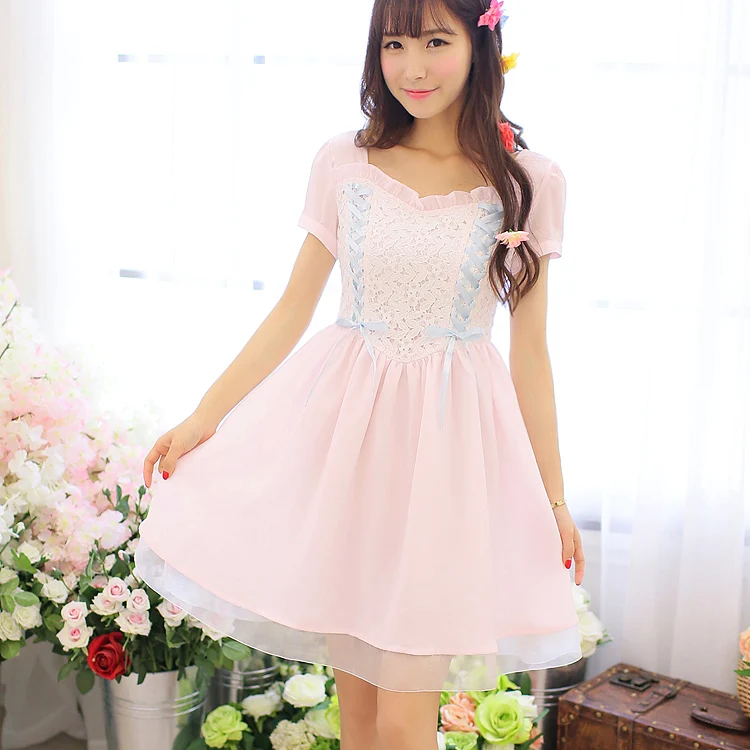 Japan Style Liz Lace Mesh Chiffon Mini Dress  Lisa Short  Sleeve Dresses