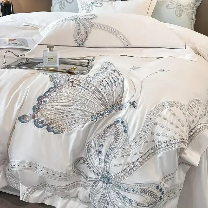 

White Egypt Cotton Luxury Butterfly Embroidery Bedding Set Duvet Cover Bed Linen Sheet Pillowcase Double King Size Quilt Covers